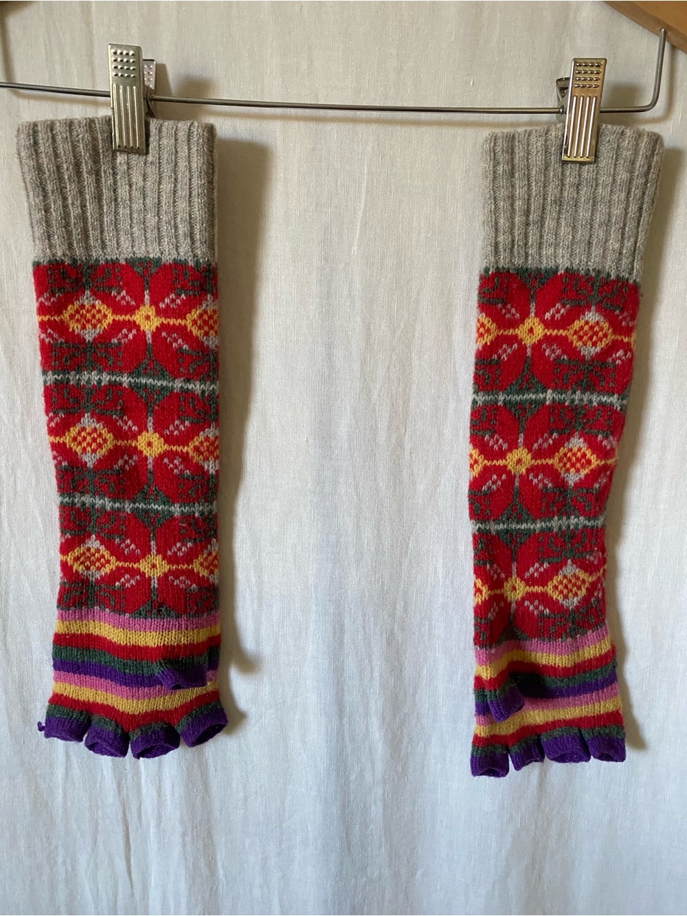 100% Wool Floral Knit Fingerless Arm Warmers/Gloves Multicolor Stripes